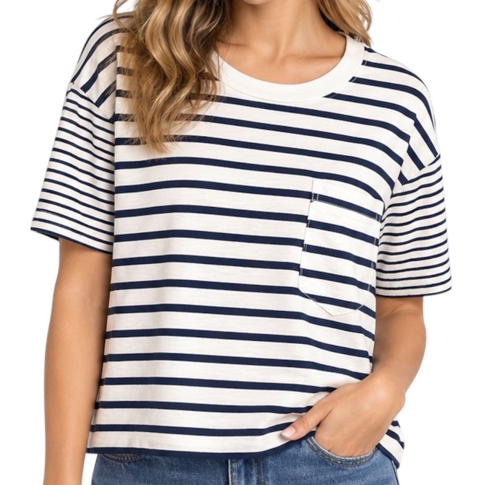Madewell Women's Easy Crop Tee Stripe Large Navy Cream Nautical Cotton Top EUC
